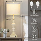 27" Vintage Farmhouse Table Lamps for Living Room Set of 2, Rustic Nightstand Lamps with USB C+A Ports, 3-Way Dimmable Retro Bedside Lamps for Bedroom Office 2 LED Bulbs Included Washed Antique Beige