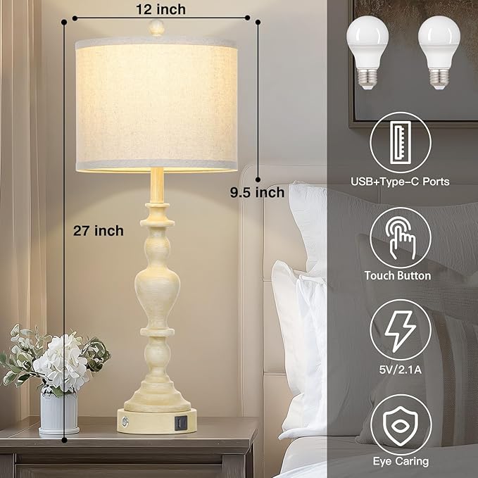 27" Vintage Farmhouse Table Lamps for Living Room Set of 2, Rustic Nightstand Lamps with USB C+A Ports, 3-Way Dimmable Retro Bedside Lamps for Bedroom Office 2 LED Bulbs Included Washed Antique Beige