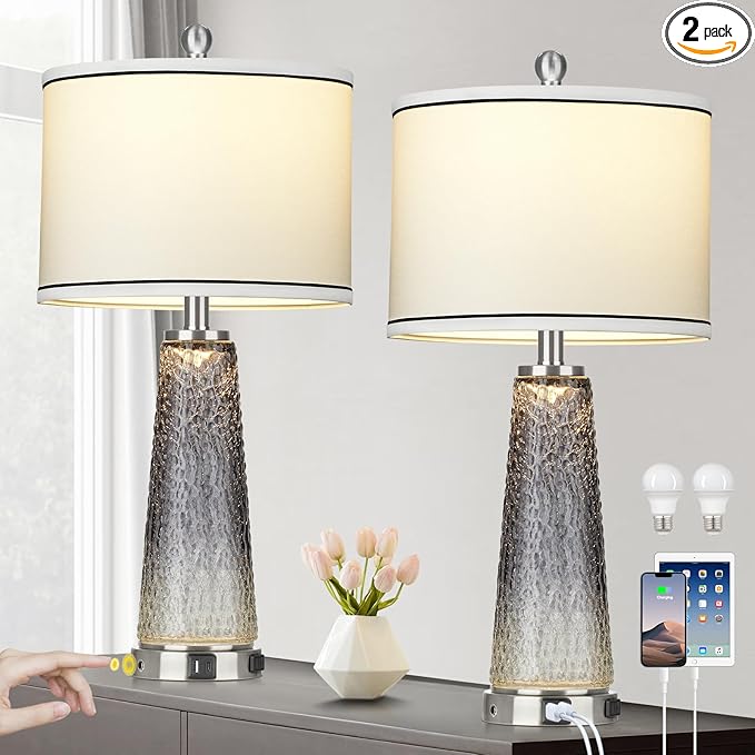 Glass Table Lamp Set of 2, 26" Modern Table Lamps with USB A+C Ports & AC Outlet, Touch Control Bedside Nightstand Lamp with LED Night Light for Living Room Bedroom Home Decor Black(4 Bulbs Included)