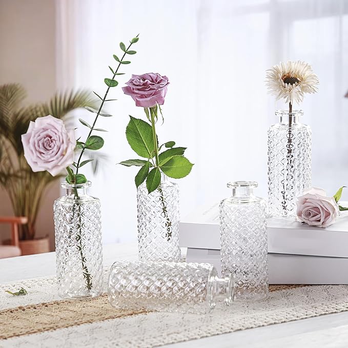 Honeydak Set of 24 Plastic Bud Vases, Vintage Decorative Mini Flower Vases Bulk for Table Centerpieces, Wedding Reception, Home Decor, Housewarming Gifts (Micro-Diamond)