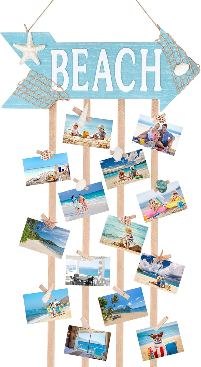Coastal Style Hanging Photo Display Holder with 30 Clips (10 Shell Clips), Wooden Frames Wall Picture Organizer for Beach Decor, Collage Display, Postcards, Holiday Cards & Home Decoration