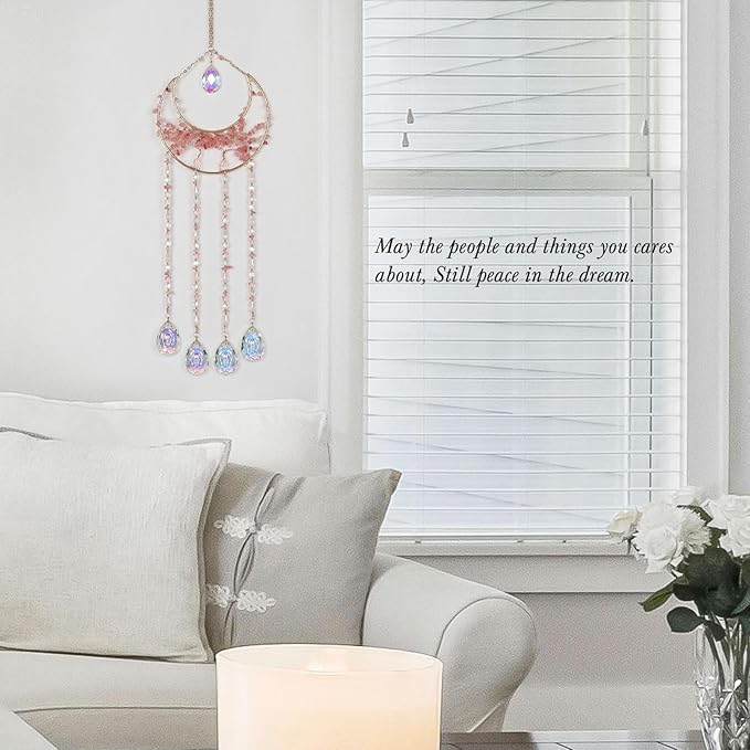 Pink Gemstone Large Moon Dream Catcher Chakra Tree of Life Dream Catcher with Crystals and Prismatic Glass Pendant Handmade Dreamcatcher Suncatcher Wall Decor for Adults Bedroom Garden Bless Gift