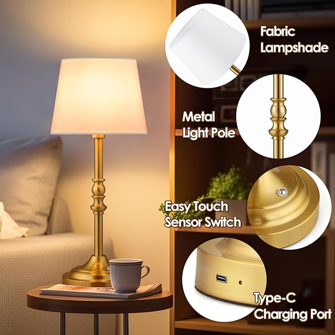 GGOYING Set of 2 Rechargeable Cordless LED Table Lamps, 4-Level Dimmer, Bronze Portable Desk Lamps with White Fabric Shades, Night Light for Dining, Bedroom and Patio