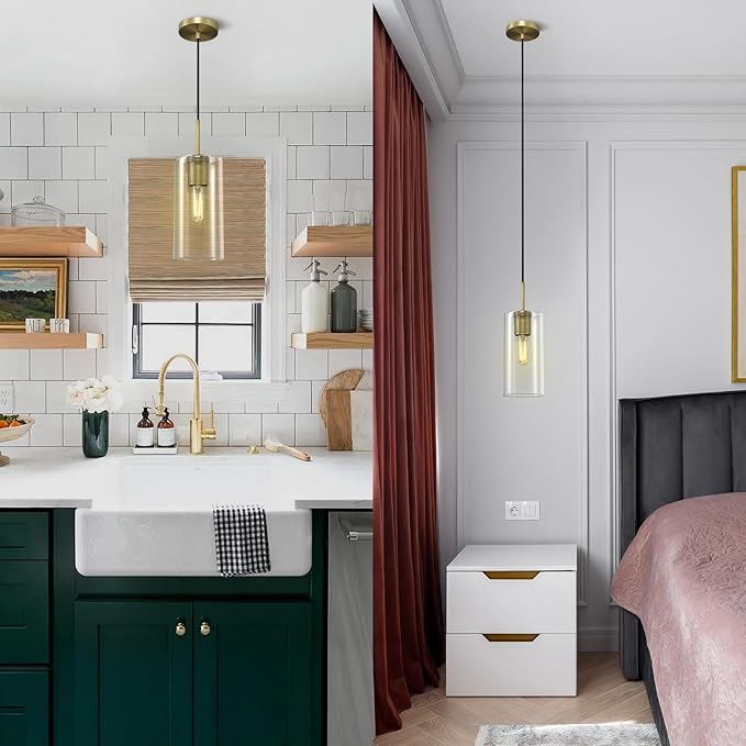 Modern Brass Pendant Lights Kitchen Island 2 Pack Glass Pendant Light Fixtures, 9.5'' Farmhouse Gold Pendant Light Kitchen Pendant Lighting Over Island for Sink, Bathroom, Bar,Dining Room