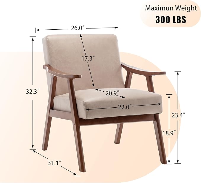 Furnimart Beige Accent Chair, Mid Century Modern Living Room Chair with Wood Frame, Comfy Armchair Wingback Chair for Office Study Vanity Bedroom Waiting Room
