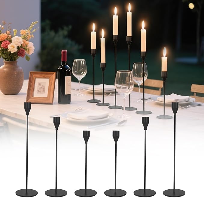 Taper Candle Holders, Set of 6 Candlestick Holders for Table Centerpieces, Weddings, Parties, Anniversaries and Home Decor, Elegant Candle Holders (Black)
