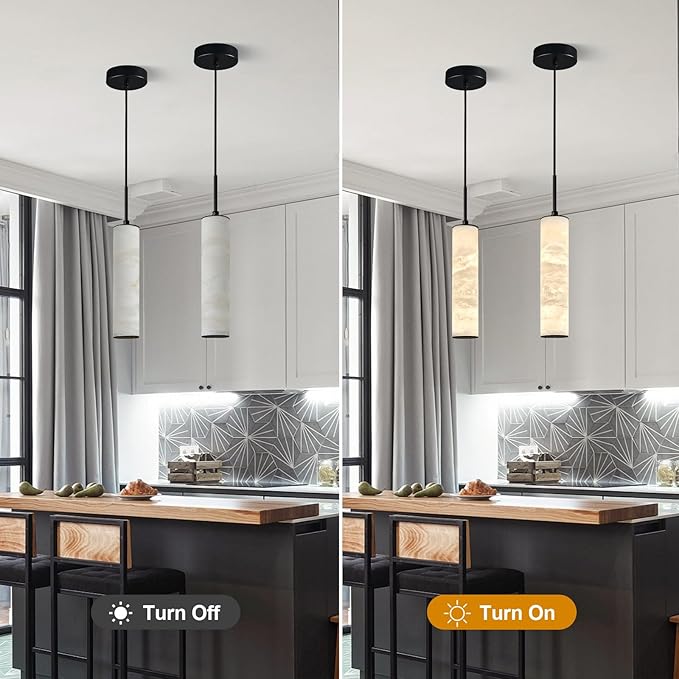 LMQNINE Natural Alabaster Pendant Lights for Kitchen Island White Marble Long Tube Chandelier Black Modern Ceiling Light Fixtures for Living Room Bedroom Dining Room Table Hallway(S-2Pack)