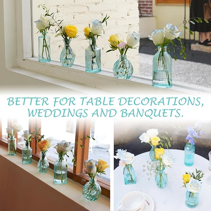 Bud Vases in Bulk 24, Blue Glass Vase, Small Vases for Flowers, Modern Ribbed Glass Bud Vase Wedding Flower Vase Blue Decor Baby Shower Party Centerpieces Home Room Table Decorations