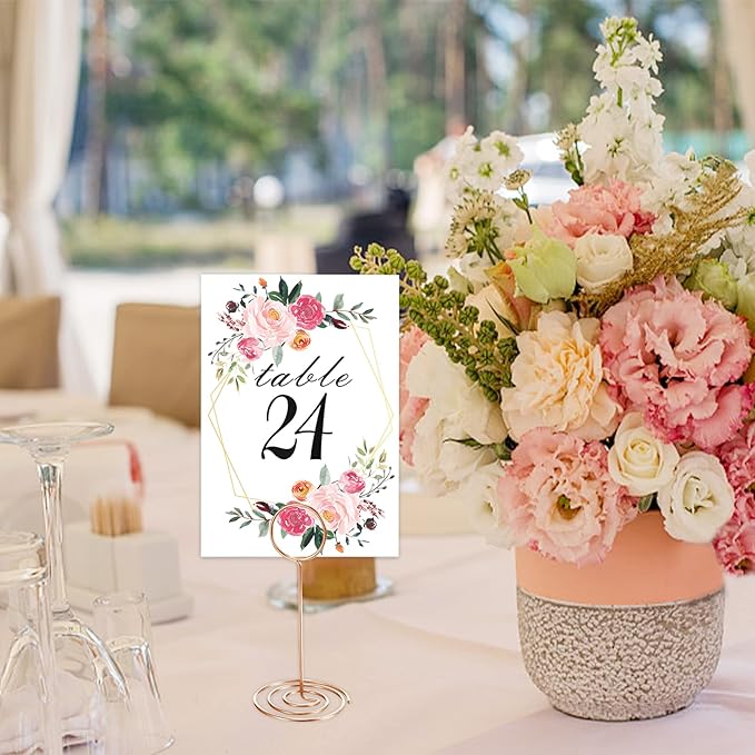 26 PCS Table Number Holder - Table Card Holder Stand Wire Photo Holder with 26 Pcs Floral Table Number Cards, Place Card Holder Stand for Weddings Party Office Paper Memo Menu Note Clips