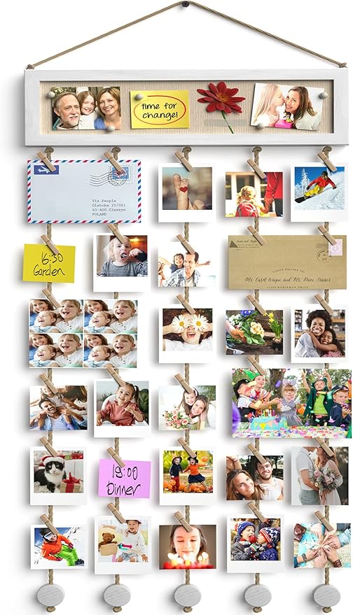 Bikoney Collage Picture Frames Hanging Photo Display Multi Pictures Organizer with Wood Bulletin Board Photo Board 30 Clips and 6 Pushpins for Room Wall Decor (White)