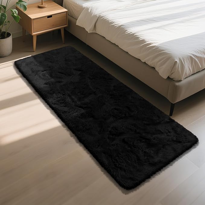Soft Runner Rugs for Bedroom, Black 2x6 Area Rugs Fluffy Rug Shaggy Area Rug Carpet, Bedside Rug for Living Room Bedroom Kids Room Home Decor