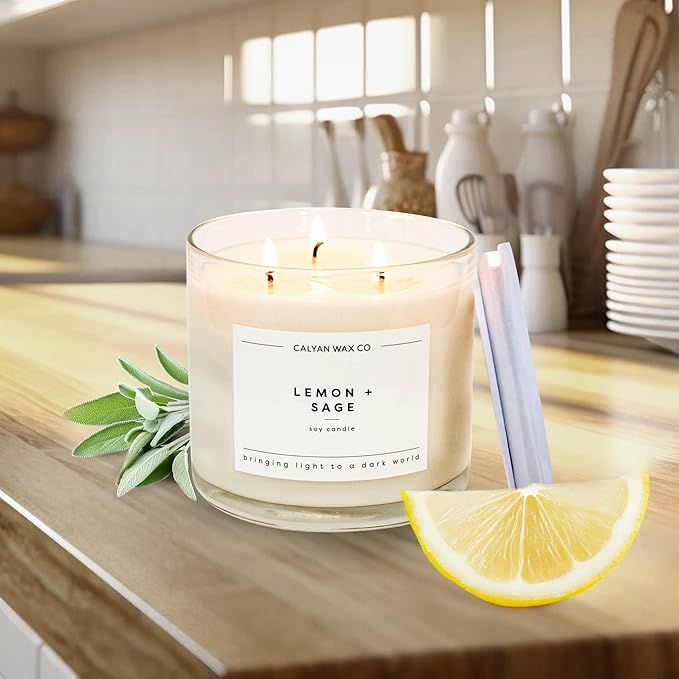 Calyan Wax Co. 3 Wick Candle, Lemon + Sage Scented Candle, 43 Hour Burn Time, 3 Wick Soy Candles, Non Toxic & Vegan Soy Wax, Glass Jar Scented Candles, 14.9oz