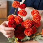 6 Artificial Silk Flowers + 3 Eucalyptus, Artificial Chrysanthemums with Stems for Home Decor, Burnt Orange and Red Mix