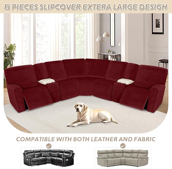 Arfntevss Sectional Recliner Couch Covers Velvet Washable Corner Sectional Sofa Cover for Reclining Couch Stretch Soft Thick L Shape Recliner Slipcover Set (5 Seat with 2 Console Cover, Wine Red)