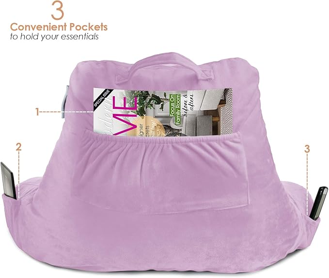 Nestl Reading Pillow Standard Bed Pillow, Back Pillow for Sitting in Bed Shredded Memory Foam Chair Pillow, Reading & Bed Rest Pillows Lavender Back Pillow for Bed, Bed Chair Arm Pillow with Pockets