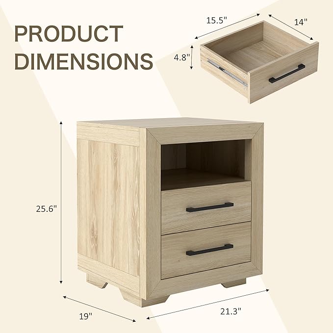 Hazel 2 Drawers End Table, 21" Side Table with Open Storage Shelf, Solid Modern Rustic Nightstand for Bedroom, Living Room or Home Offices
