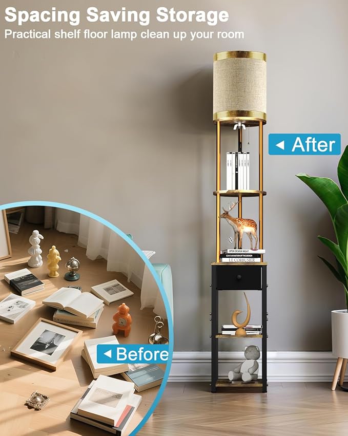 Lightdot 65IN Floor Lamps with Storage Table&Drawer, Corner Shelf Lamps with Black End Table and Fabric Lampshade, Modern Standing Tall Lamp for Living Room/Bedroom/Office(E26 LED Bulb Included)