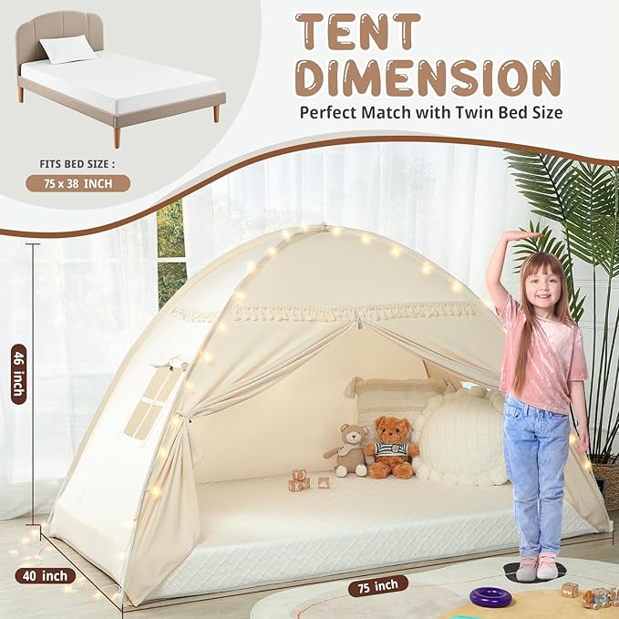 Toddler Canopy Lights & Flags Indoor Floor Bed Kids Tent Playhouse Portable & Foldable Twin Bunk Bed Curtains Girls & Boys House Bedroom Privacy Space Sleeping Tents Gifts Golden Beige Large Size