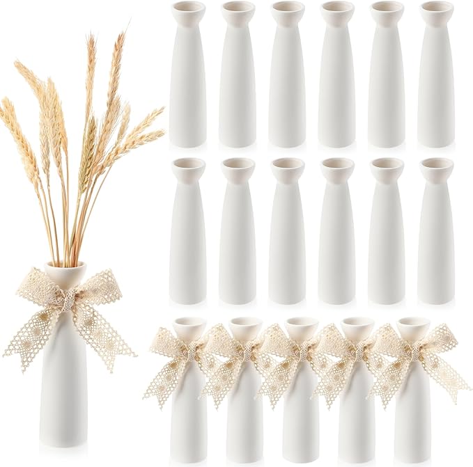 18 Pcs Ceramic White Vases for Home Decor with Cotton lace and Rope 7.09 inch Tall Vases for Centerpieces Modern Floral Vase Wedding Party Event Home Office Decoration