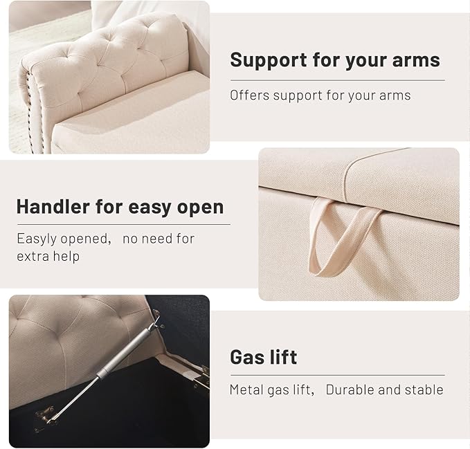 Furniliving Storage Ottoman Bench for Bedroom, Upholstered End of Bed Bench with Solid Wood Legs Modern Shoe Storage Bench Indoor Bench for Living Room Entryway Bench Furniture,Beige, Linen