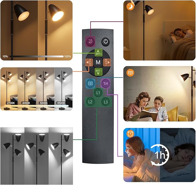 QiMH LED Floor Lamp for Living Room, Modern Dimmable Standing Lamp with 4 Color Temperature,Remote and Touch Control, Tree Floor Lamp for Bedroom with 3 Rotatable Lights Bright Stand up Lamp, Black