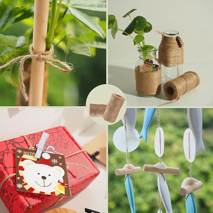 100Pcs White Mini Wooden Clothespins with 328ft Jute Twine - Photo Display Clips for Hanging Pictures, Crafts, Wall Art, Baby Showers (1.4 Inch, White)