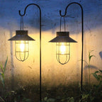 Solar Lantern 2pack Outdoor Hanging Light- Waterproof Vintage Metal Light with Shepherd Hook Decorative for Patio, Backyard, Porch, Yard (Black)
