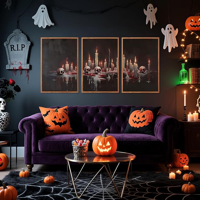 Aurlan Gothic Bloody Skull and Candles Framed Wall Art(16"x24"), 3PCS Horror Dark Academia Halloween Skeleton Canvas Artwork, Modern Goth Spooky Creepy Ghost Decor for Home Office Bedroom