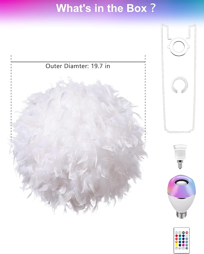 Star Vision Feather Lamp with Smart Light Bulb, Bluetooth Speaker & APP Control, Dimmable RGB LED Light,19.7inches, White
