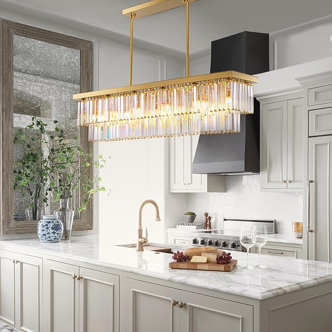 Siljoy 12-Light Modern Crystal Chandelier Gold Rectangular K9 Crystal Raindrop Chandelier, Luxury 2-Tiers Adjustable Ceiling Pendant Light Fixture for Dining Room Kitchen Island, L47'' x W10'' x H10''