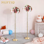 NUPTIO Wedding Centerpieces Gold Vases: 2 Pcs 39.4in Tall Crystal Flower Vase Metal Flowers Stand for Party Tables Decorations - Elegant Bulk Weddings Decoration Table Chandelier Centerpiece Stands