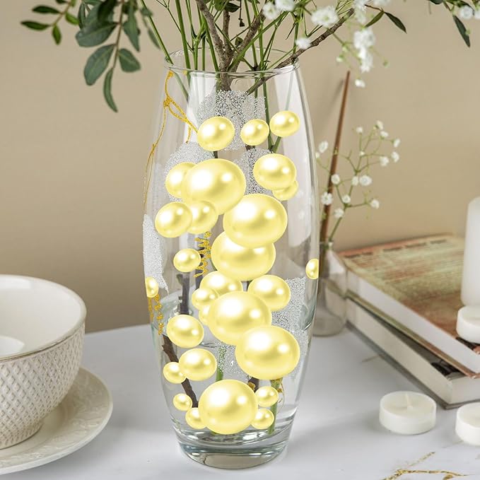 100PCS Light Yellow Faux Pearls Beads for Centerpiece Vases, Vase Filler Faux Pearls, No Holes Filler Beads for Easter Party Anniversary Birthday Wedding Table Decor, 14/20/30mm