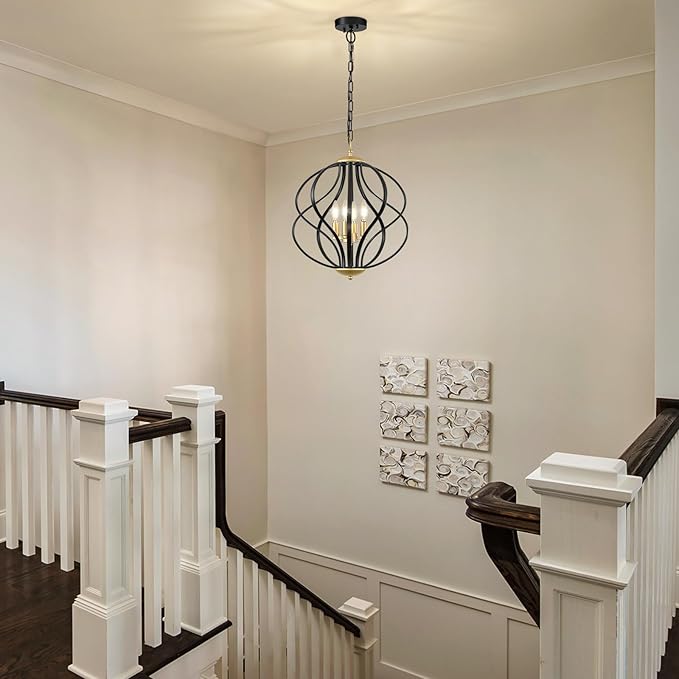 Modern Black and Gold Chandelier for Dining Room, 4 Lights Geometric Chandeliers, Sphere Chandelier Industrial Large Pendant Light Fixtures Hanging for Kitchen, Entryway, Foyer, Stairs