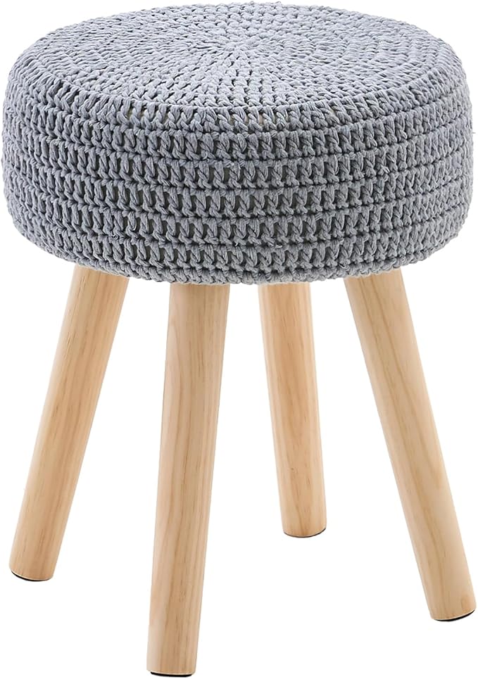 Wimarsbon Pouf Ottoman, 100% Cotton Knitted Boho Footstool, Round Footrest with Non-Skid Wood Legs, Home Décor Handmade Pouffe, Leisure Floor Step Stool for Living Room (Long Leg - Gery)