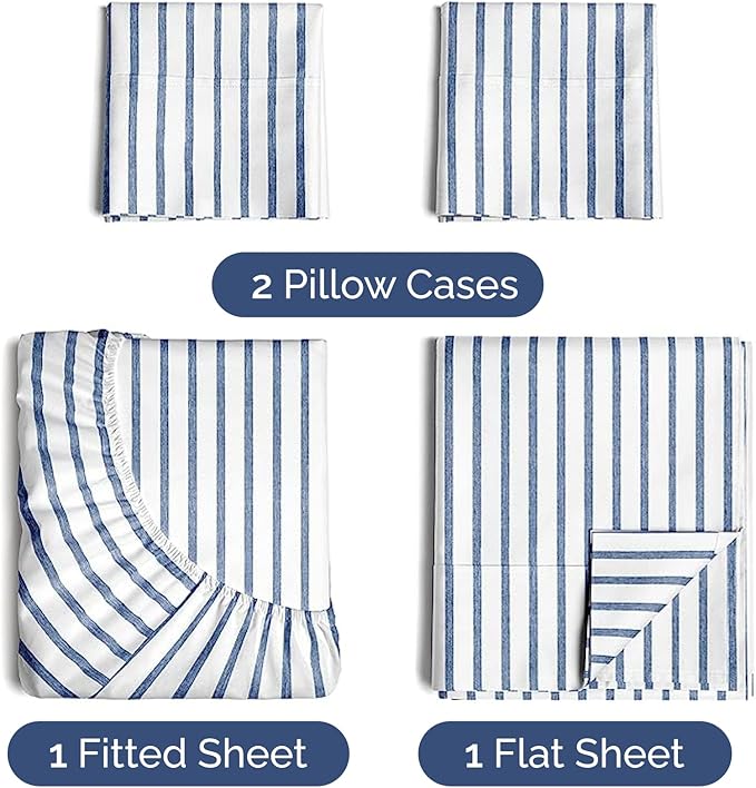 Twin XL Sheets Set 4 Piece - Includes 2 Pillowcases - Bed Sheets Twin XL - Soft Hotel Luxury Bedding - Cooling, Comfy & Breathable - 1 Flat & 1 Fitted & 2 Pillowcases w/ Deep Pockets - Blue Stripes