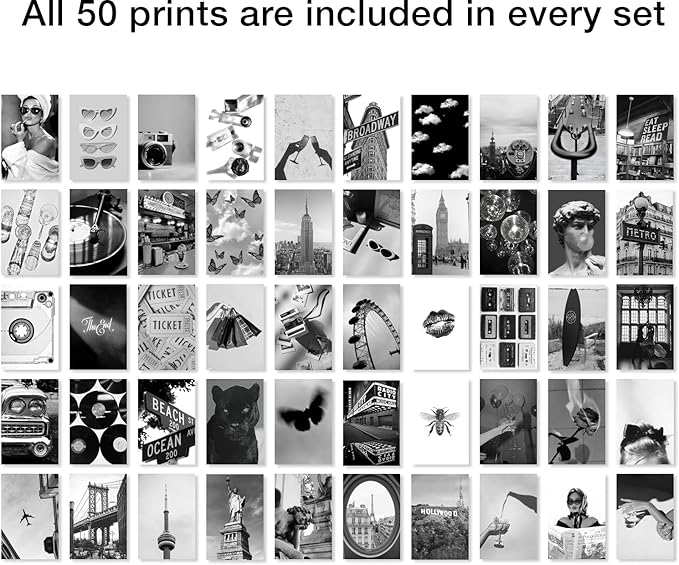 Y2K BOO Black and White Wall Collage Kit - 50 Trendy Monochrome Aesthetic Photos for Sophisticated and Modern Spaces, Perfect Room Decor for Teens, 4"x6" Vintage Wall Art for College Dorms