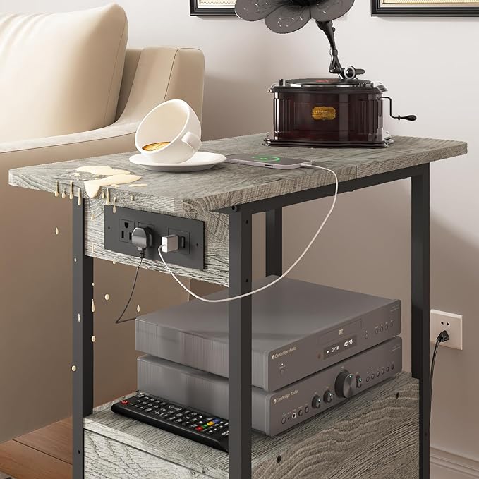 LIDYUK End Table with Charging Station, Narrow Side Table with Drawer and USB Ports & Power Outlets, Nightstand Bedside Tables for Small Spaces, Bedroom, Living Room, Light Grey, Set of 2