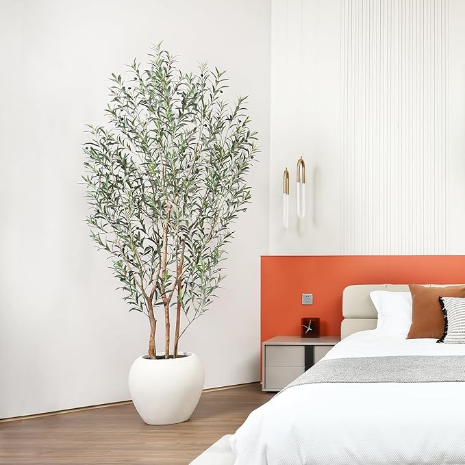 Artificial Olive Tree, 8FT Tall, Faux Olive Trees with Natural Wood Trunk & Lifelike Fruits, Indoor, White Tall Planter, Home Balcony Office Living Room Decor