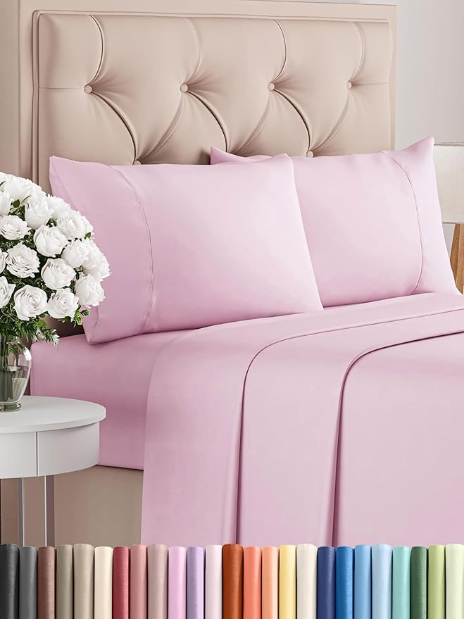 Twin Sheets Set 4 Piece - Includes 2 Pillowcases - Bed Sheets Twin Size - Soft Hotel Luxury Bedding - Cooling, Comfy, Cozy & Breathable - 1 Flat & 1 Fitted & 2 Pillowcases w/ Deep Pockets - Light Pink