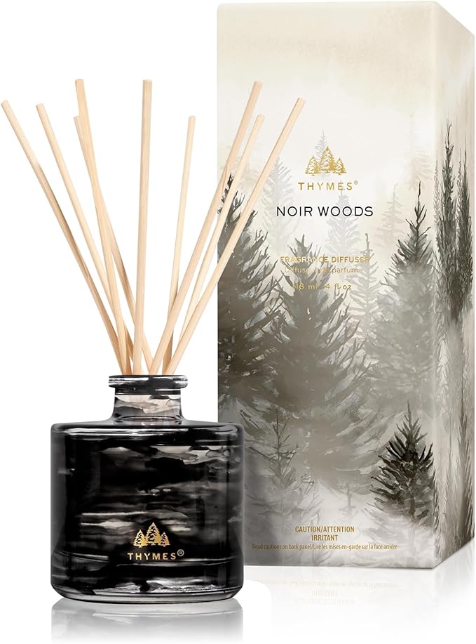 Thymes Petite Oil Reed Diffuser Set – Includes Reeds, Fragrance Oil & Glass Bottle – Luxury Scent Diffusers for Home Decor –Fresh Evergreen, Smoky Wood & Golden Amber (Noir Woods, 4 fl oz)