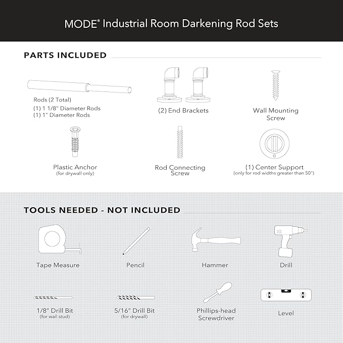 MODE Industrial Room Darkening Collection 1 1/8” diameter Industrial Curtain Rod Set with Steel Wall Mounted Expandable Curtain Rod, Blocks Light, Fits 16” to 32” Windows, Graphite