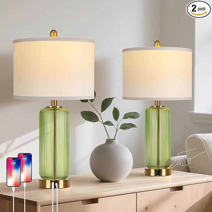 Table Lamps Set of 2 with Touch Control, 3-Way Dimmable Nightstand Lamp with Vertical Grained Glass, 27" Modern Glass Bedside Lamps with USB A+C Ports, Green Bedside Table Lamps, Desk Lamp for Bedroom