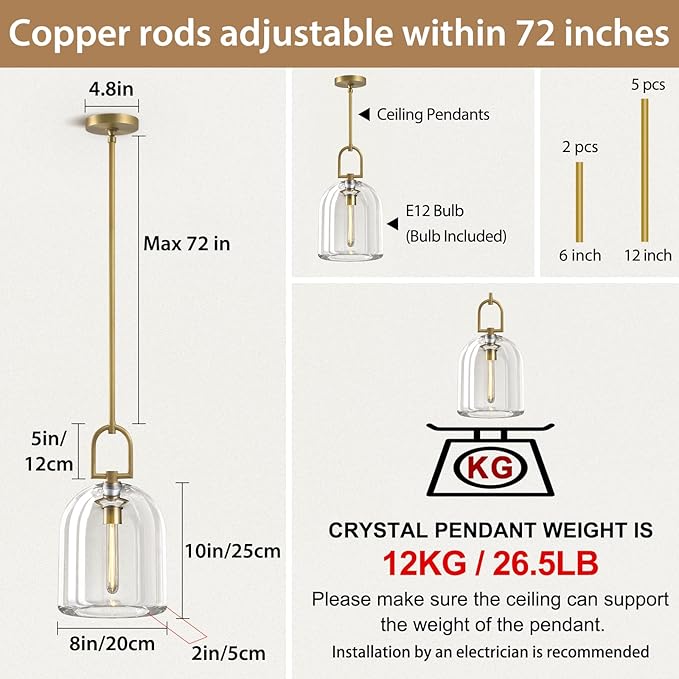 Crystal Brass Pendant Light Fixtures, Modern 8inch Pendant Lights Kitchen Island, Island Lights for Kitchen,Crystal and Gold Pendant Light, Indoor Pendant Lighting,E12 Bulb Included