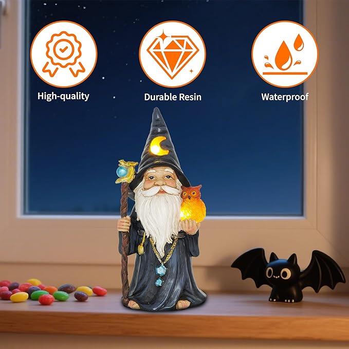 Halloween Solar Gnomes Decoration: 8.7'' Funny Merlin Statue with Owl & Magic Wand for Home Office Party Perfect Collectible Figurines Gift for Womens