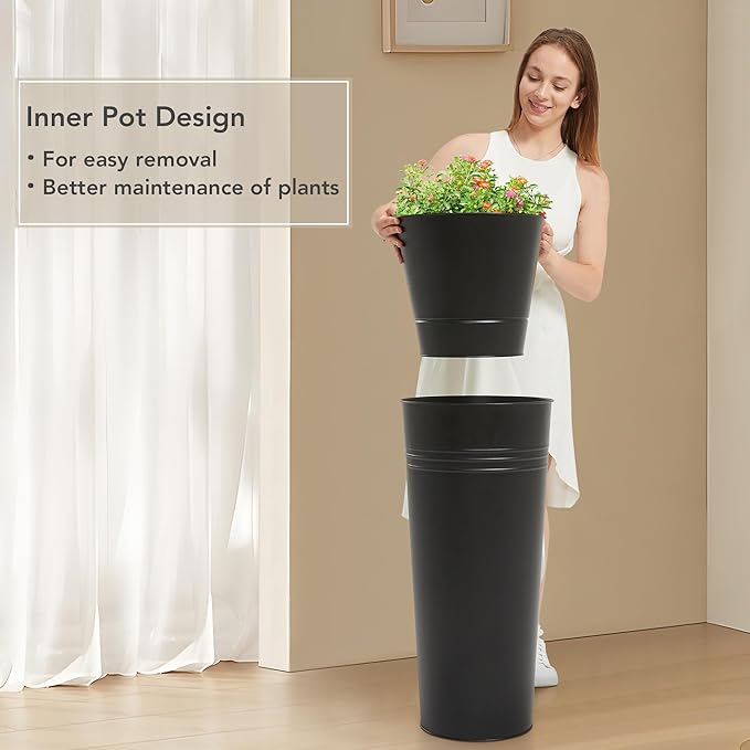 KOL 28'' Tall Galvanized Steel Planter Pot - Flower Pot with Water Level Indicator for Plants - 2-Pack Self Watering Planters - Round Black Powder Metal Planter Box - Indoor Outdoor Grande Plant