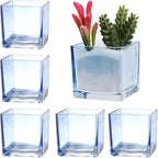 Square Vases Set of 6, 3"x 3"x 3" Glass Vases for Flowers, Square Flower Vase for Centerpieces, Small Blue Vase for Wedding, Party, Home Office Decoration