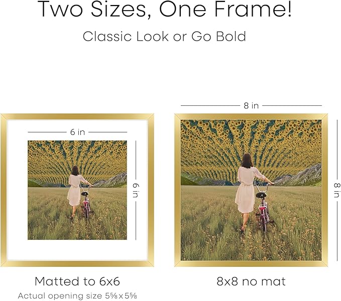Homeforia 8x8 Picture Frame Gold, High End Metal 8 x 8 Square Photo Frames with Mat 6 by 6, 8x8 Poster Frame Matted to 6x6 inches Print, 8by8 Wall or Tabletop Frame, Tempered Glass, Wall Kit, Set of 1