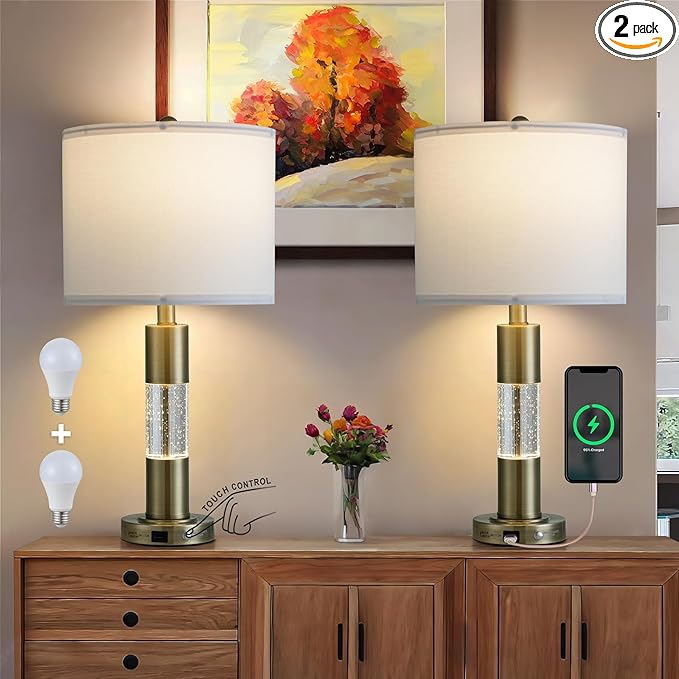 Serteaw Touch Control Table Lamp Set of 2 - Gold Crystal Nightstand Lamps with USB Ports, Stepless Dimming Mode, Stylish Side Lamp for Bedroom and Living Room, Energy-Efficient LED Bulb Included