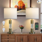 Serteaw Touch Control Table Lamp Set of 2 - Gold Crystal Nightstand Lamps with USB Ports, Stepless Dimming Mode, Stylish Side Lamp for Bedroom and Living Room, Energy-Efficient LED Bulb Included
