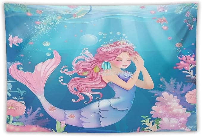 HZOHNAGO Mermaid Girls Tapestry Watercolor Flowers Mermaid Princess Blessing Pattern for Kids Room Decoration Printed Wall Tapestry Wall Hanging for Bedroom Living Room Dorm 60" W x 40" H